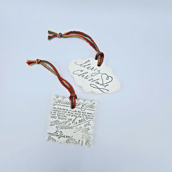 Merry Christmas Ornament Holiday Script Salt Dough Tree Trim Set of Two - Picture 2 of 6